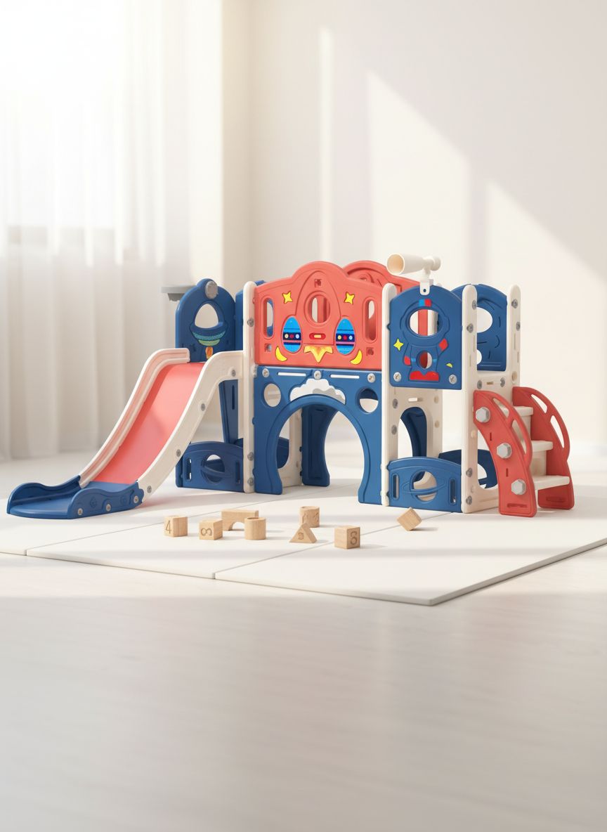 Blue castle amusement playground playhouse with slide and climbing features for toddlers — view 1