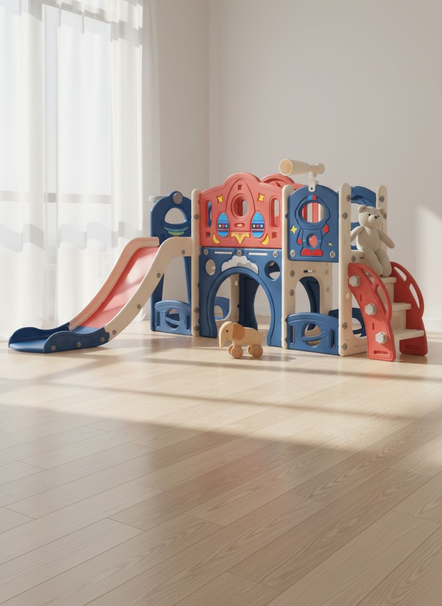 Blue castle amusement playground playhouse with slide and climbing features for toddlers — view 3