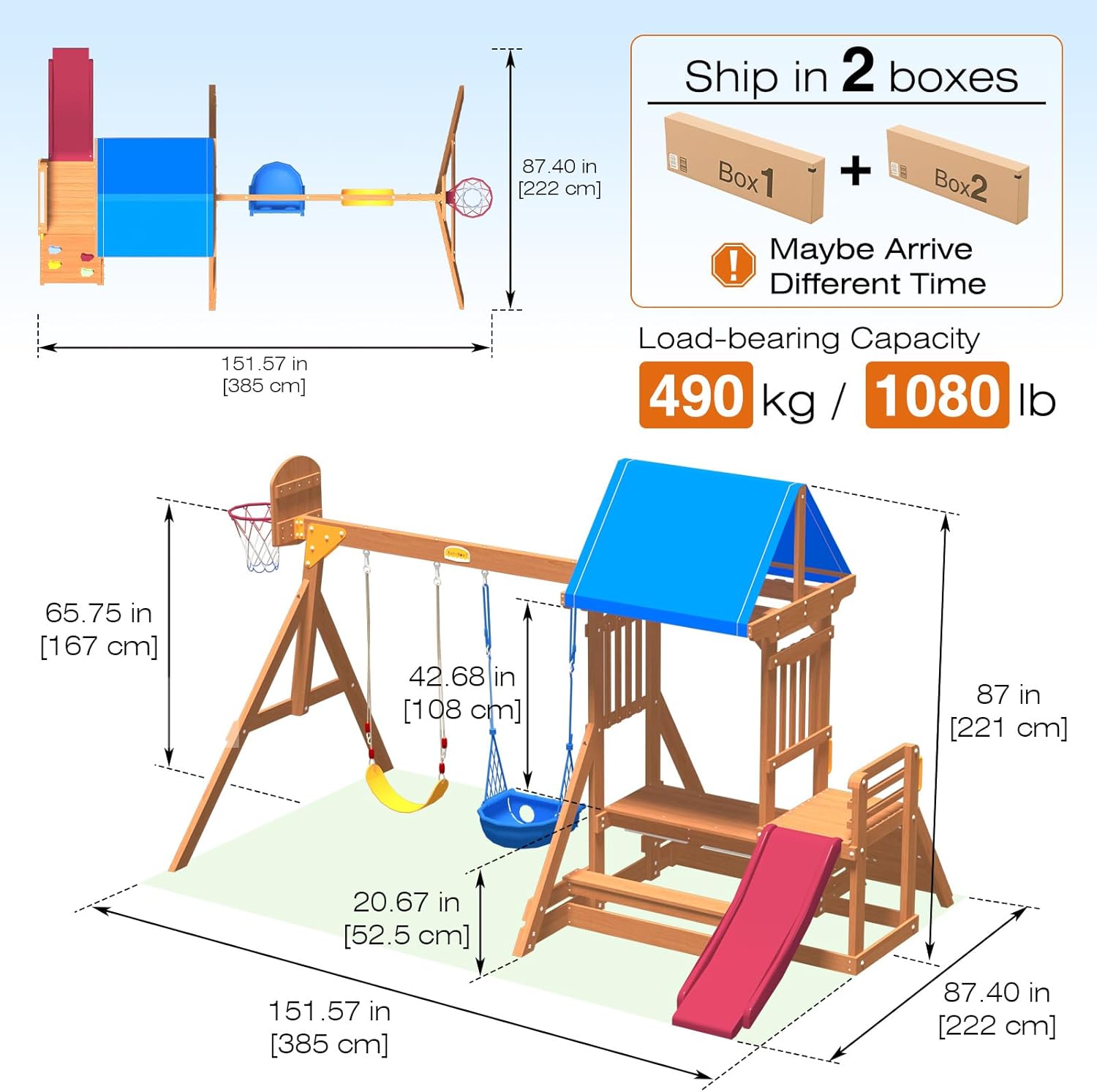 Natural wooden swing set with attached wave slide, rock climbing wall, and sandbox for preschool-age children — view 2