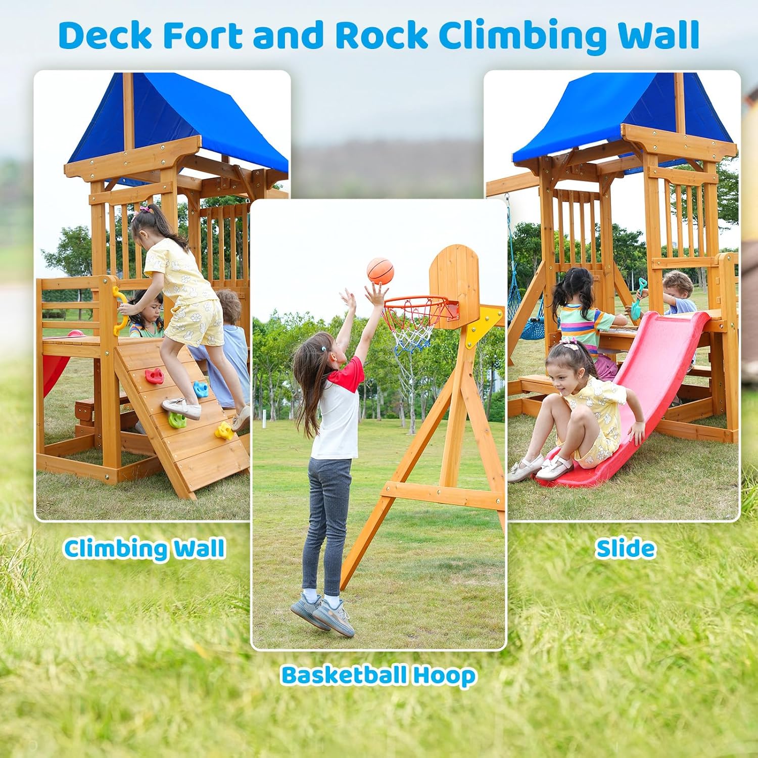 Natural wooden swing set with attached wave slide, rock climbing wall, and sandbox for preschool-age children — view 3