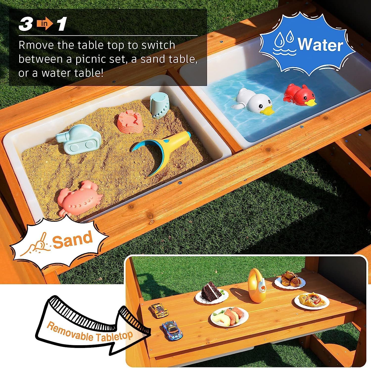 Natural wooden swing set with attached wave slide, rock climbing wall, and sandbox for preschool-age children — view 4