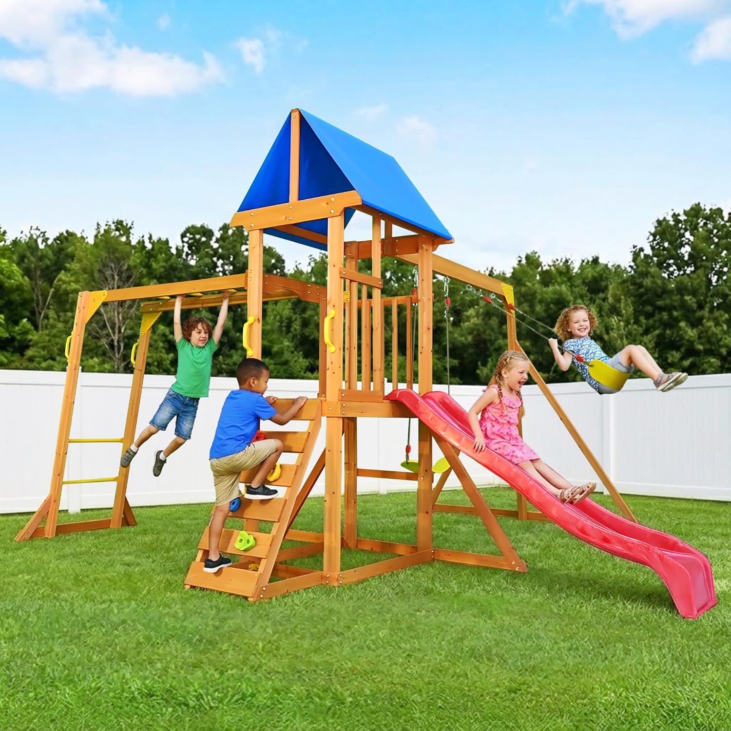 Natural wooden swing set with attached wave slide, rock climbing wall, and sandbox for preschool-age children — view 3