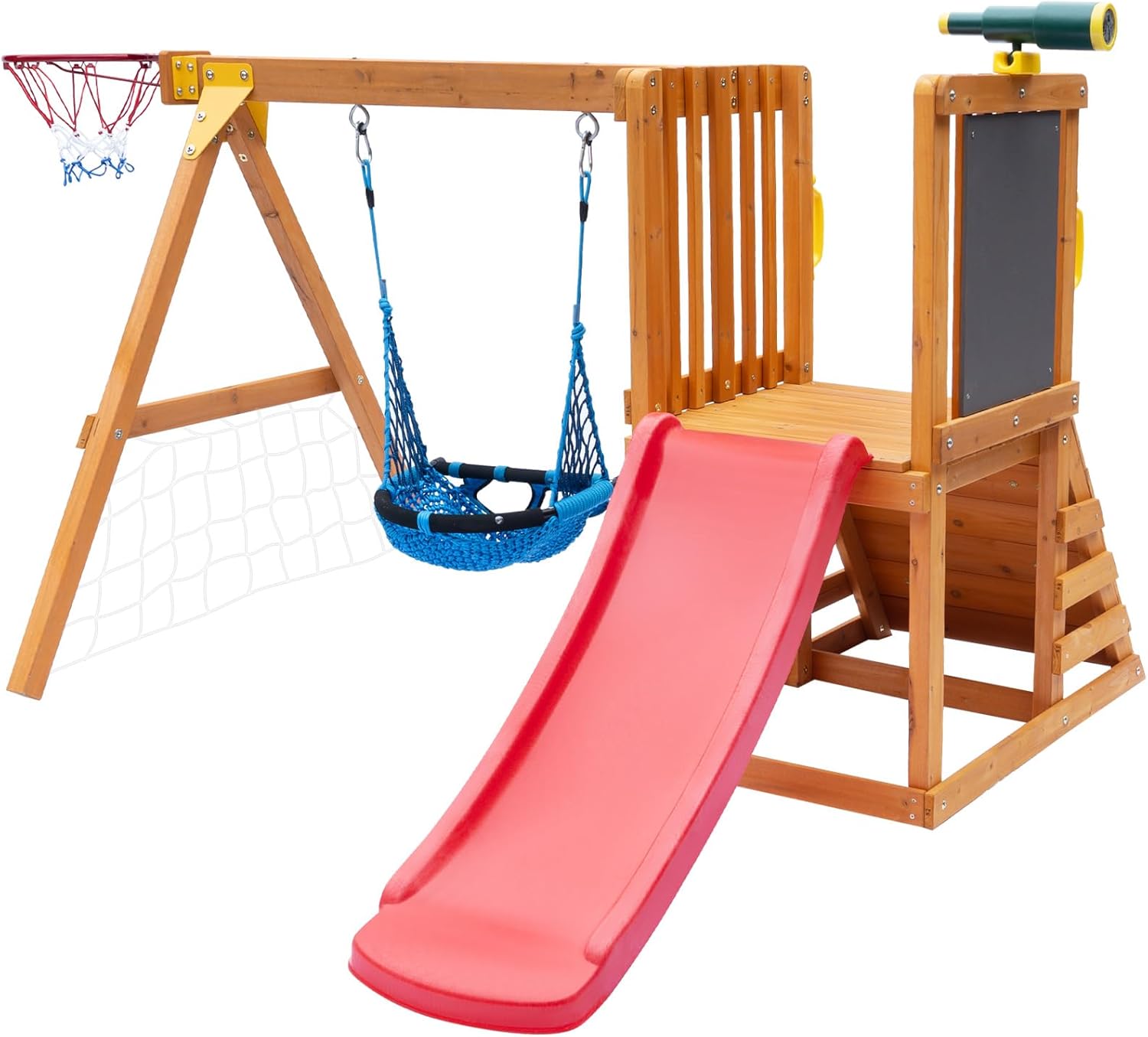Natural wooden swing set with attached wave slide, rock climbing wall, and sandbox for preschool-age children — view 4