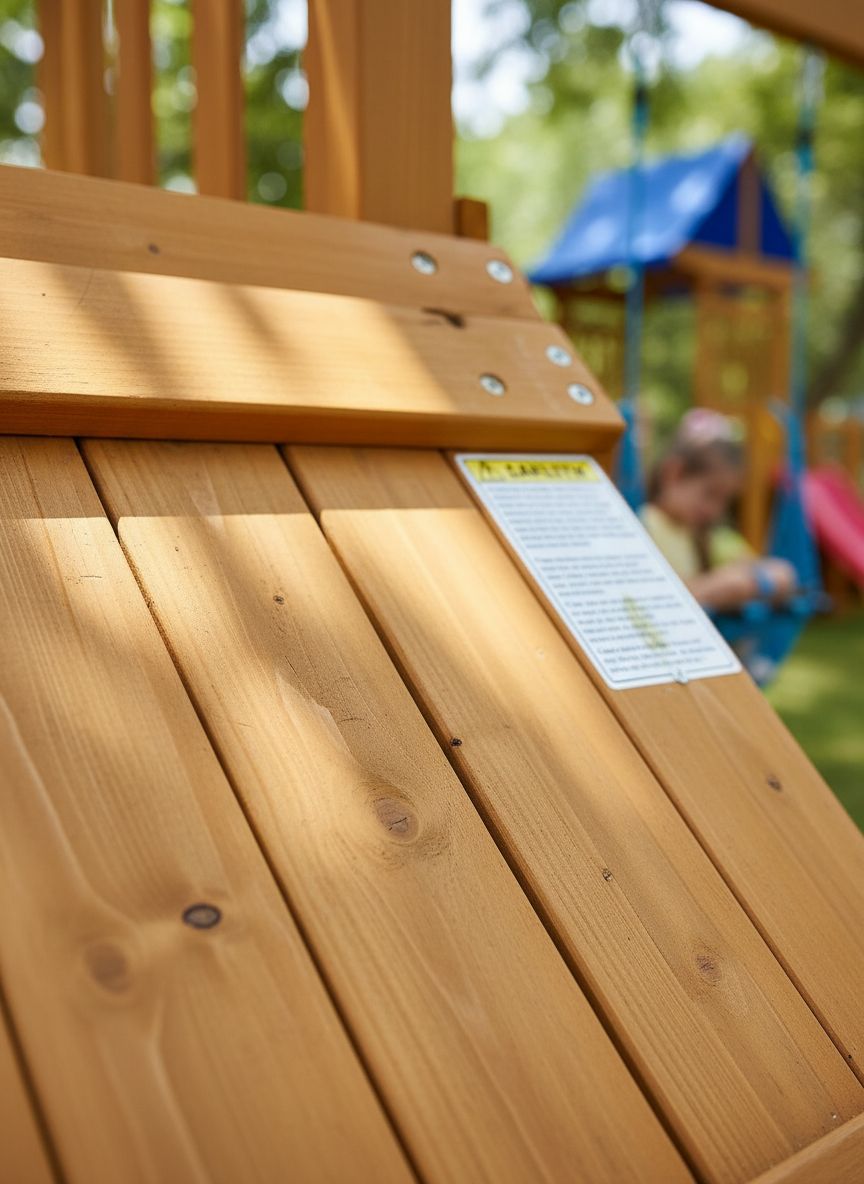 Natural wooden swing set with attached wave slide, rock climbing wall, and sandbox for preschool-age children — view 3