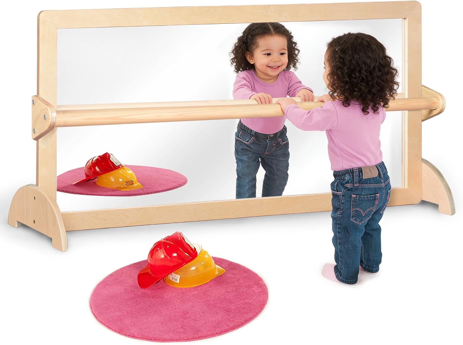 Natural wood Montessori pull-up bar with integrated safety mirror and infant coordination frame for gross motor development — view 1