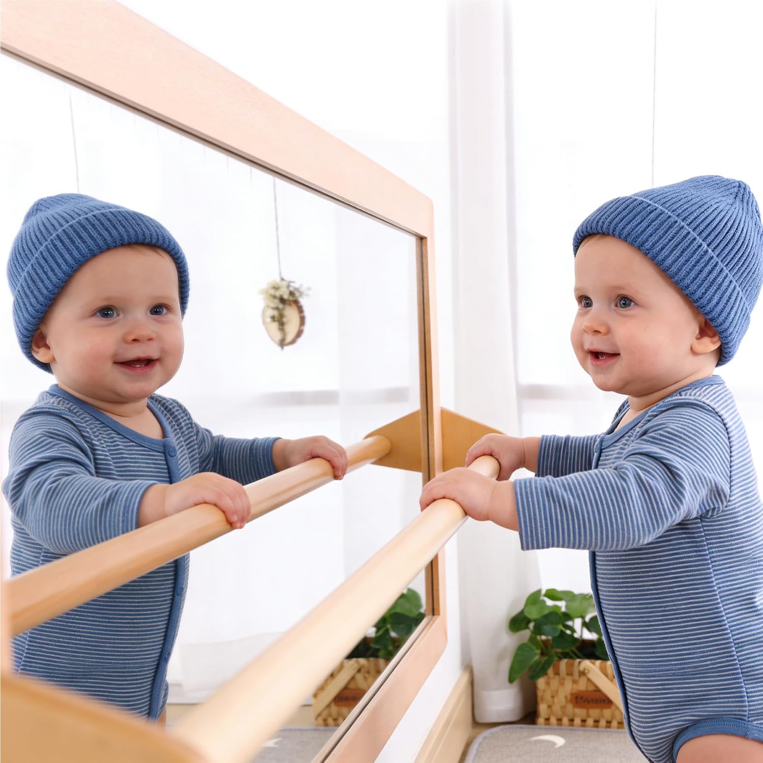 Natural wood Montessori pull-up bar with integrated safety mirror and infant coordination frame for gross motor development — view 2