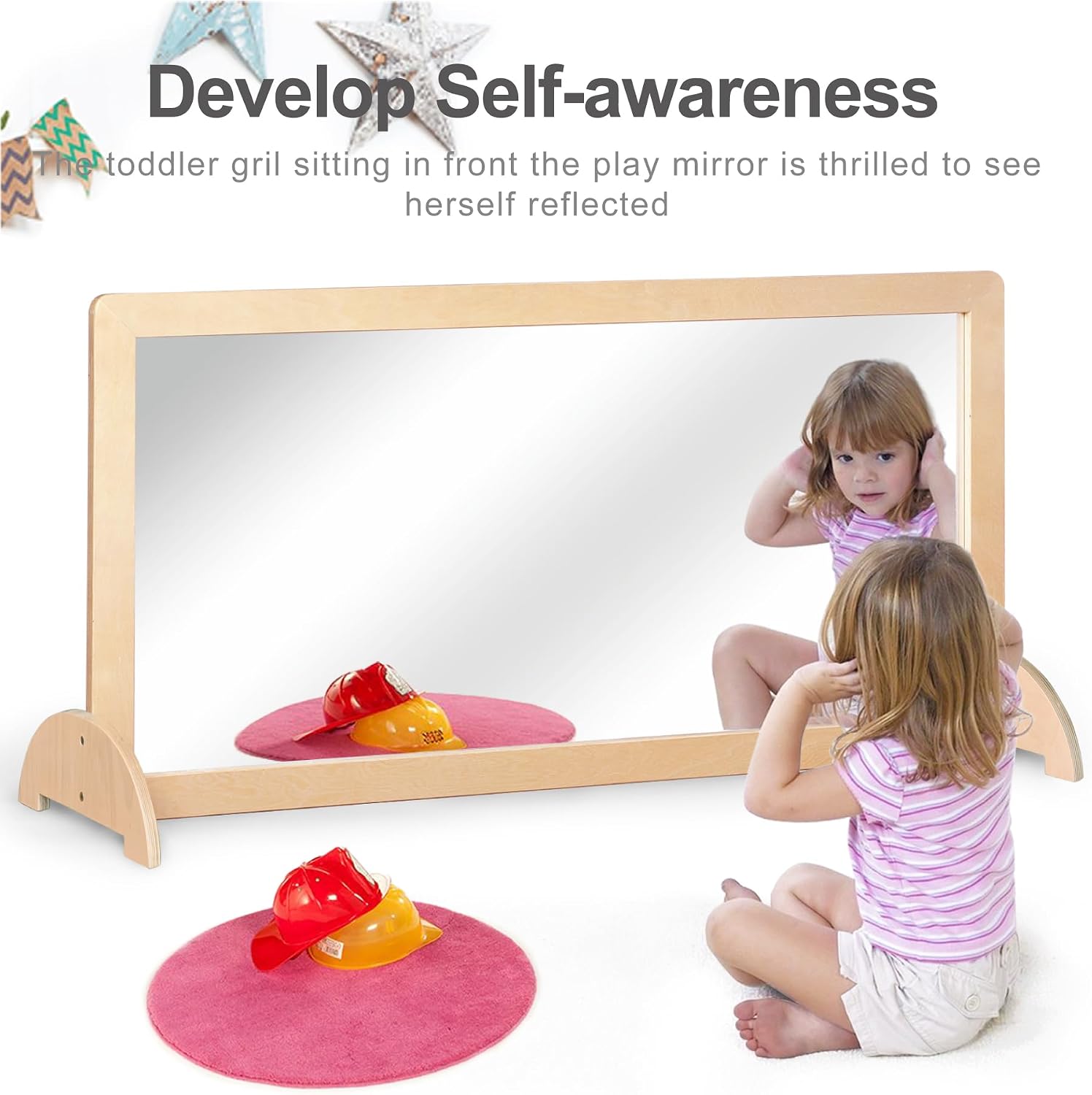 Natural wood Montessori pull-up bar with integrated safety mirror and infant coordination frame for gross motor development — view 2