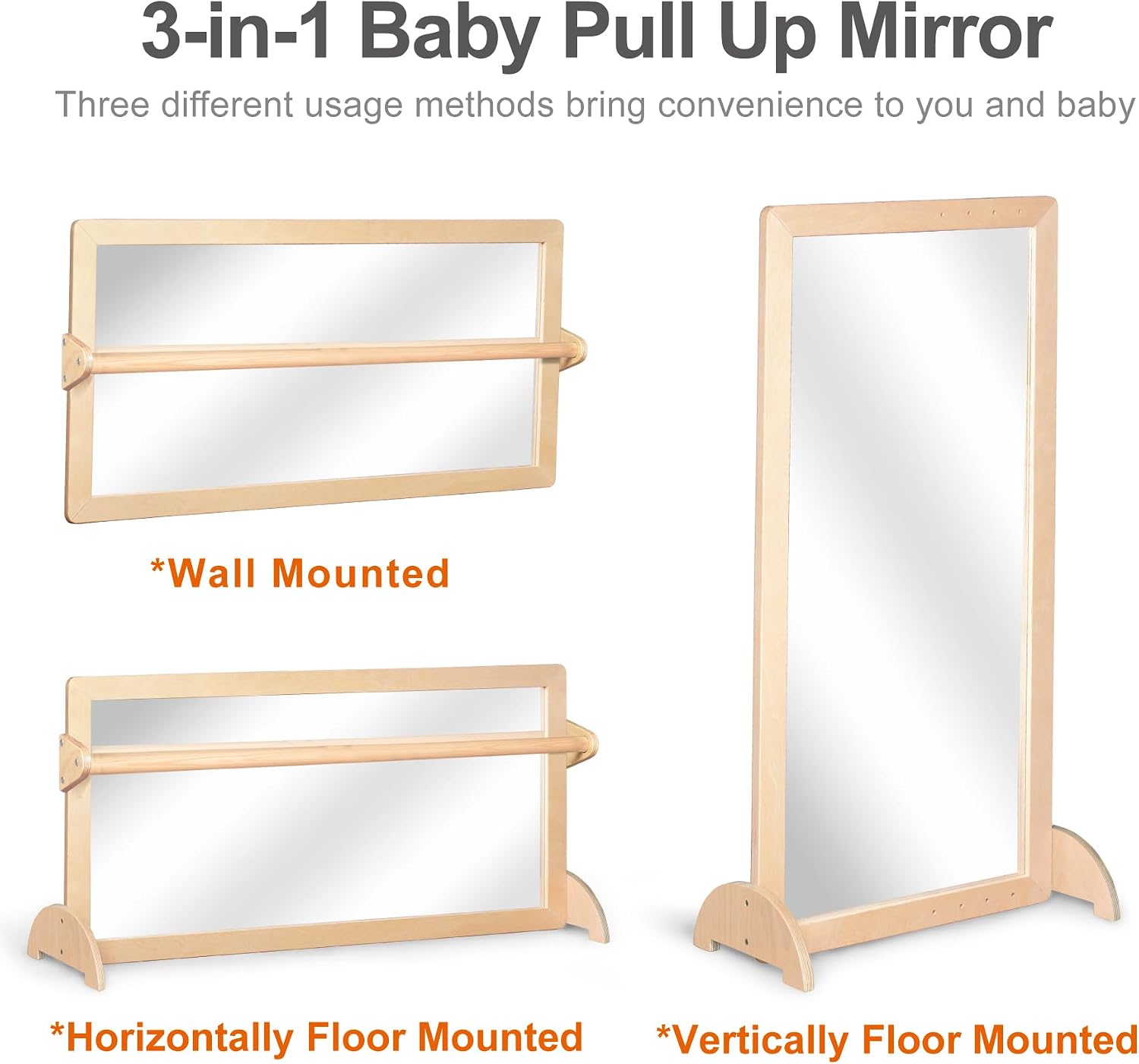 Natural wood Montessori pull-up bar with integrated safety mirror and infant coordination frame for gross motor development — view 3a