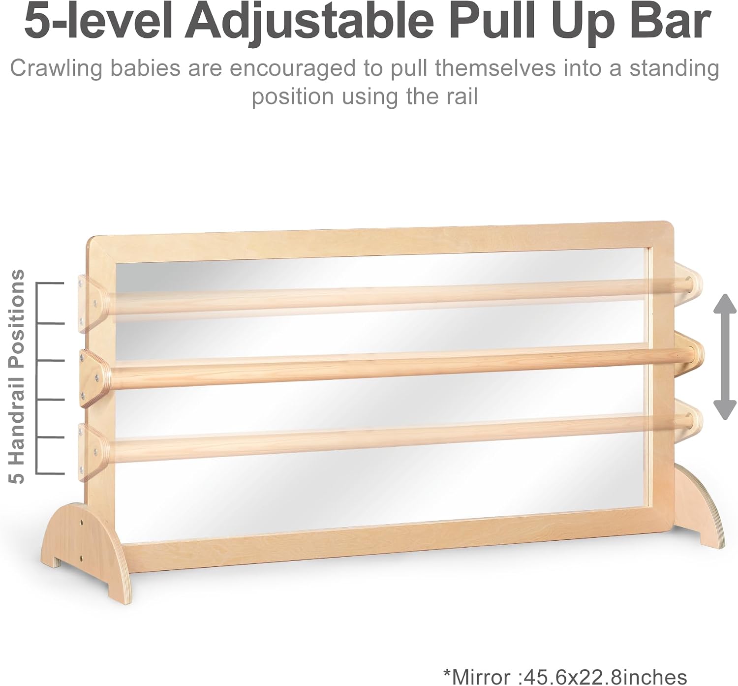 Natural wood Montessori pull-up bar with integrated safety mirror and infant coordination frame for gross motor development — view 2