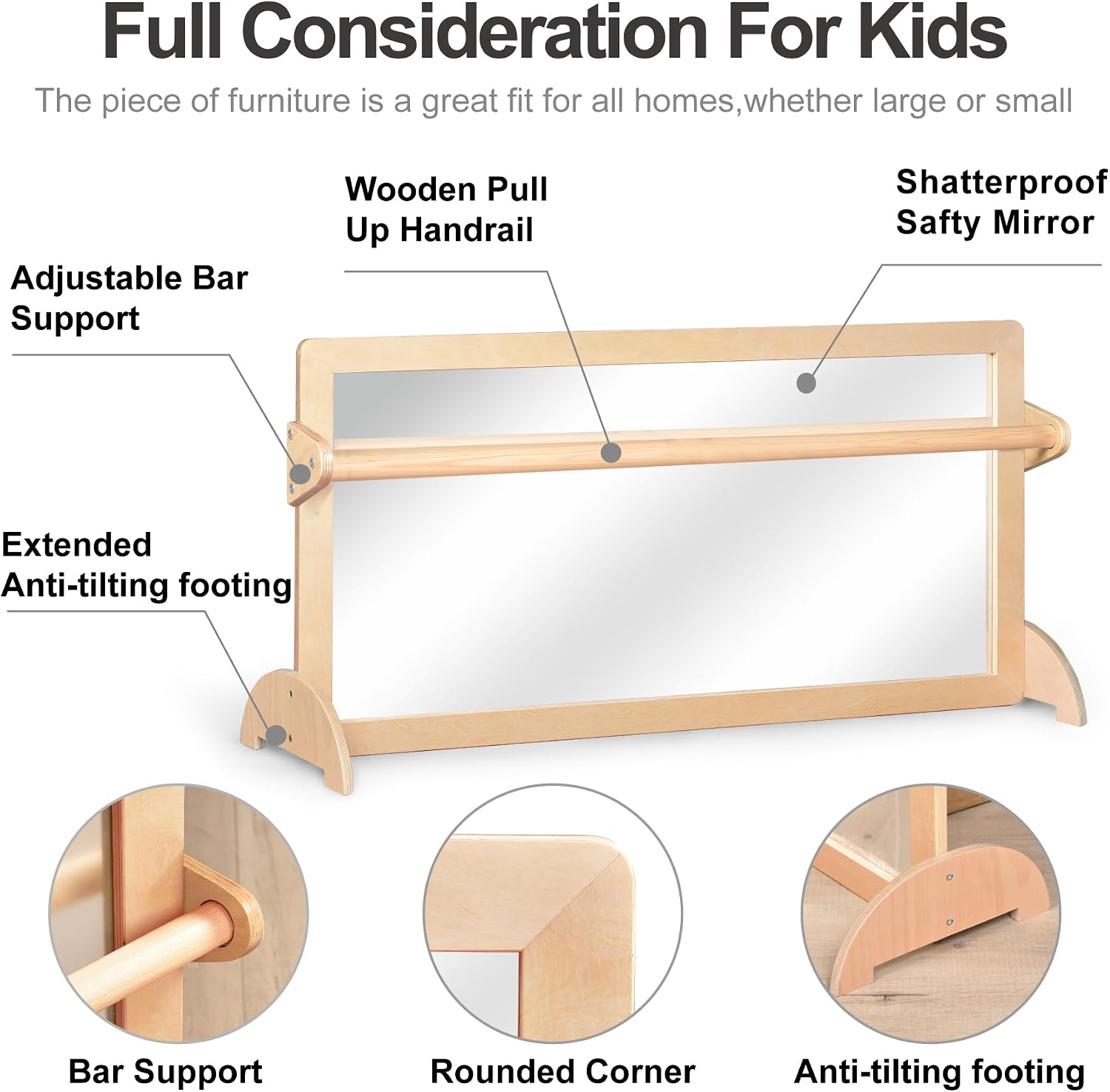Natural wood Montessori pull-up bar with integrated safety mirror and infant coordination frame for gross motor development — view 3