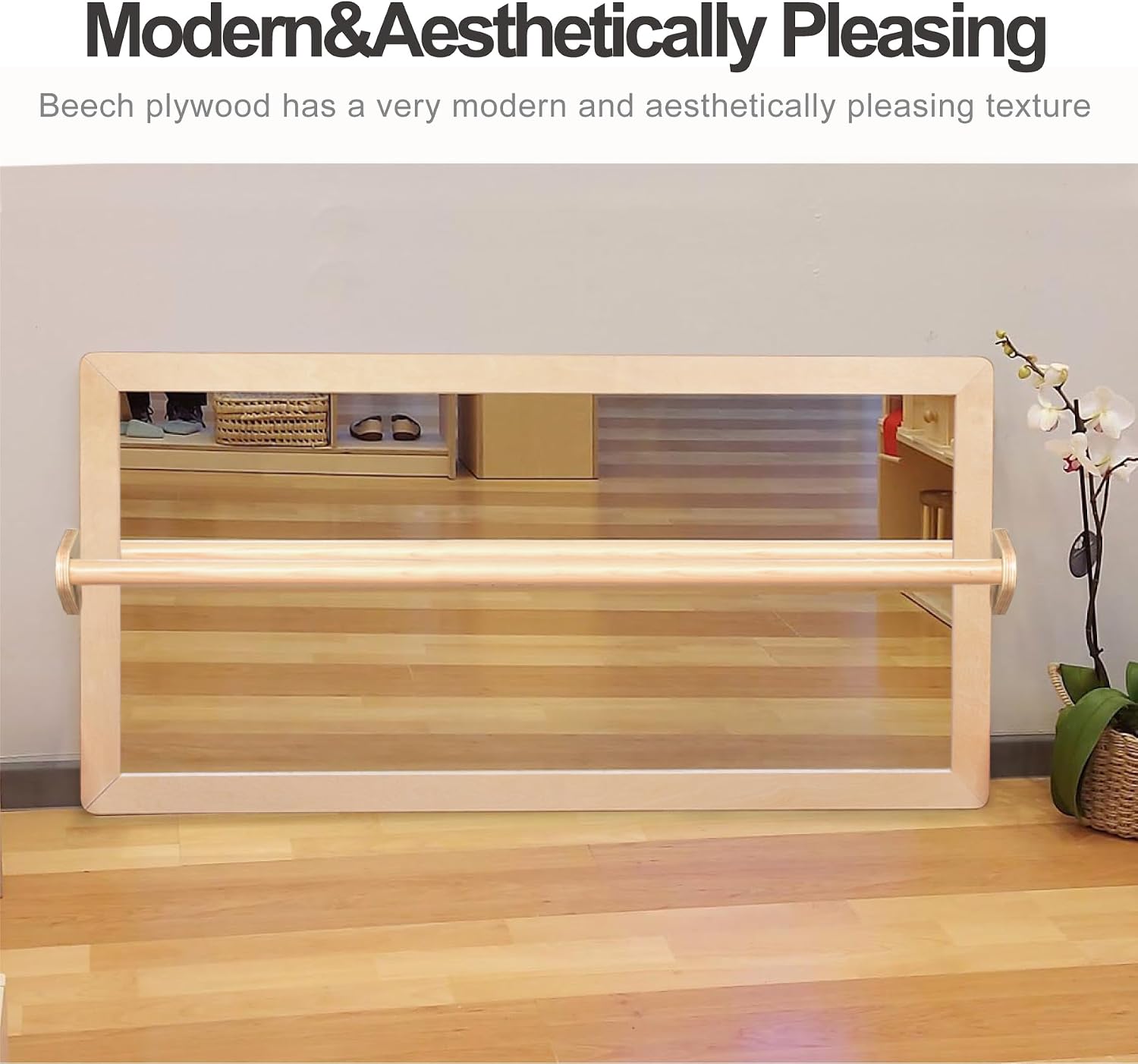 Natural wood Montessori pull-up bar with integrated safety mirror and infant coordination frame for gross motor development — view 4