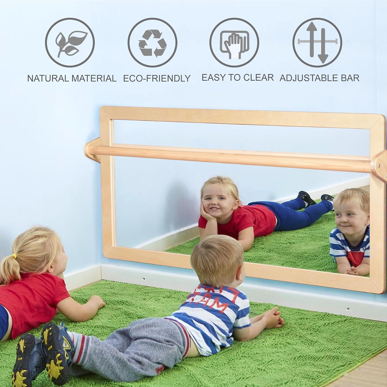 Natural wood Montessori pull-up bar with integrated safety mirror and infant coordination frame for gross motor development — view 5