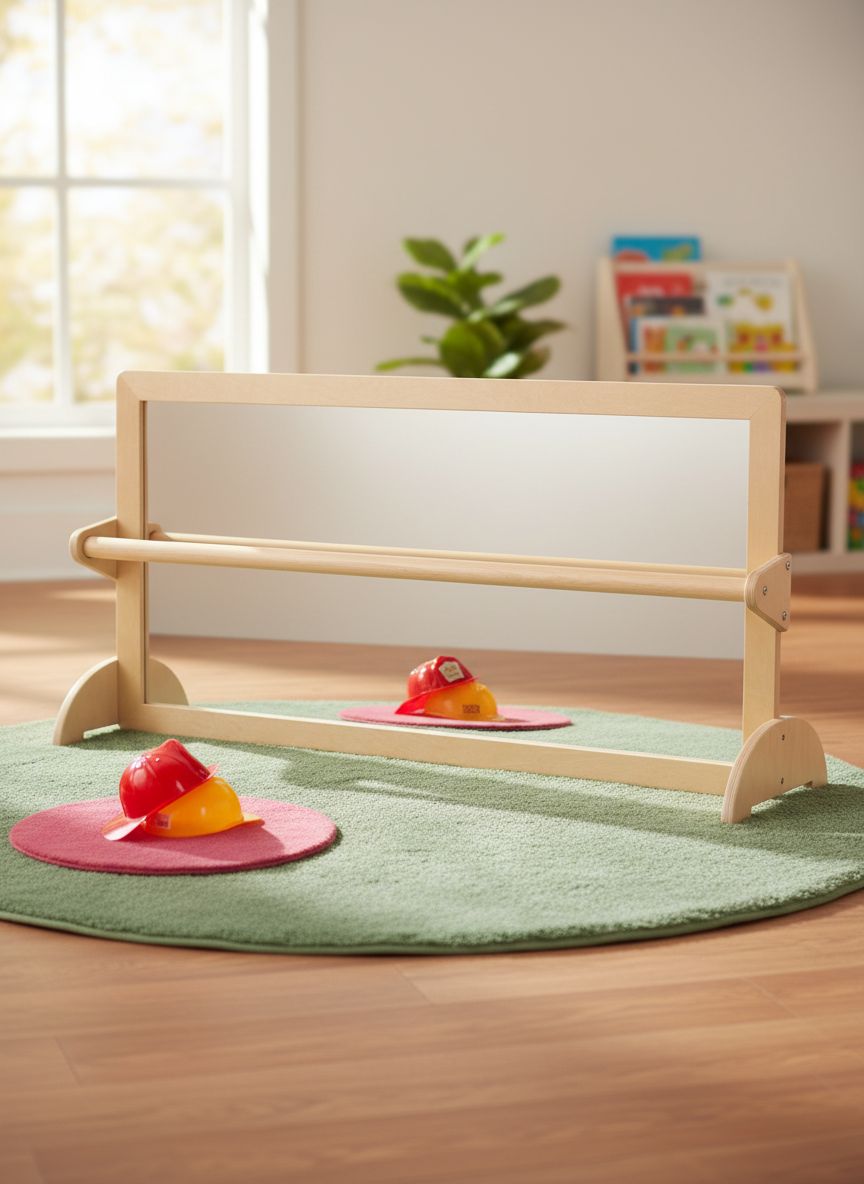Natural wood Montessori pull-up bar with integrated safety mirror and infant coordination frame for gross motor development — view 4