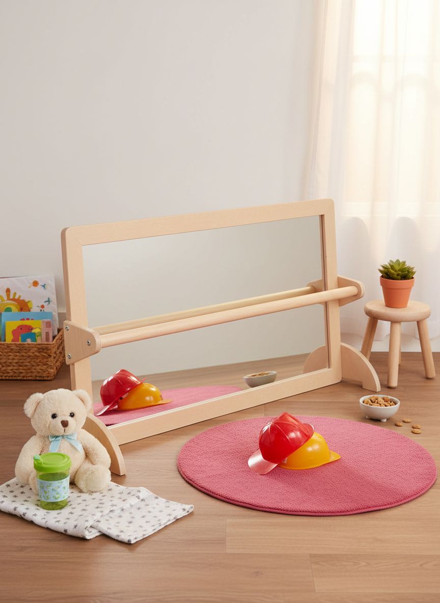 Natural wood Montessori pull-up bar with integrated safety mirror and infant coordination frame for gross motor development — view 5a