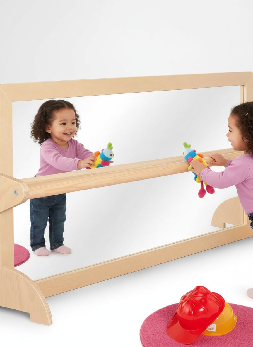 Natural wood Montessori pull-up bar with integrated safety mirror and infant coordination frame for gross motor development — view 6