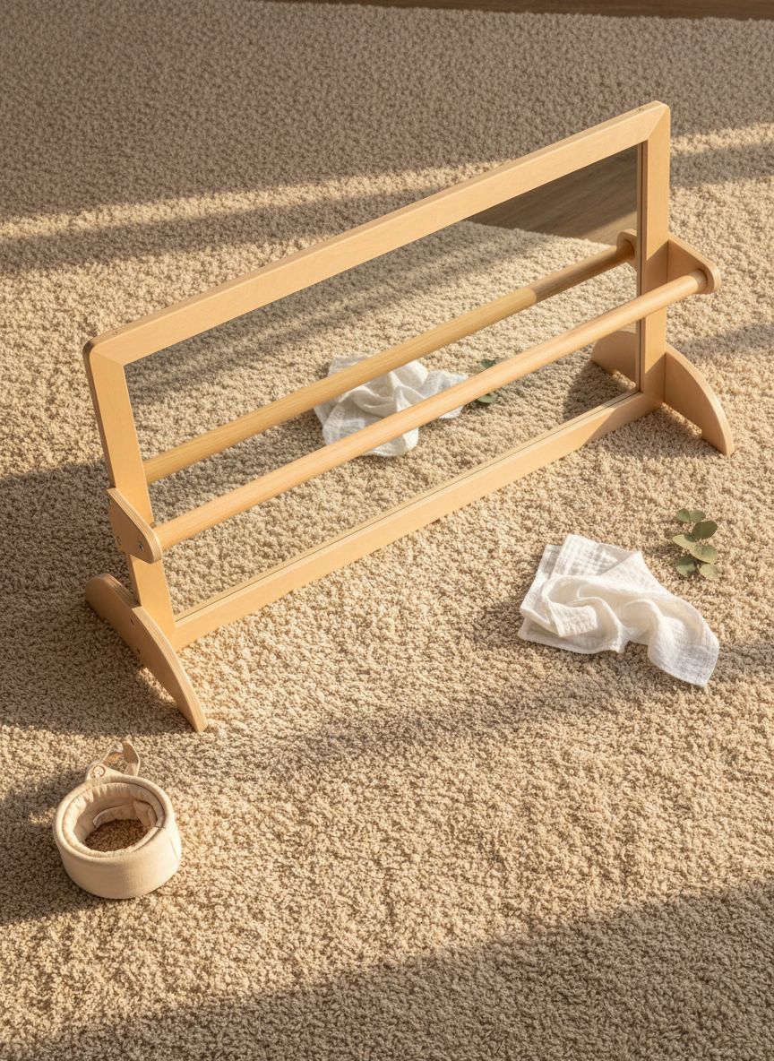 Natural wood Montessori pull-up bar with integrated safety mirror and infant coordination frame for gross motor development — view 7a