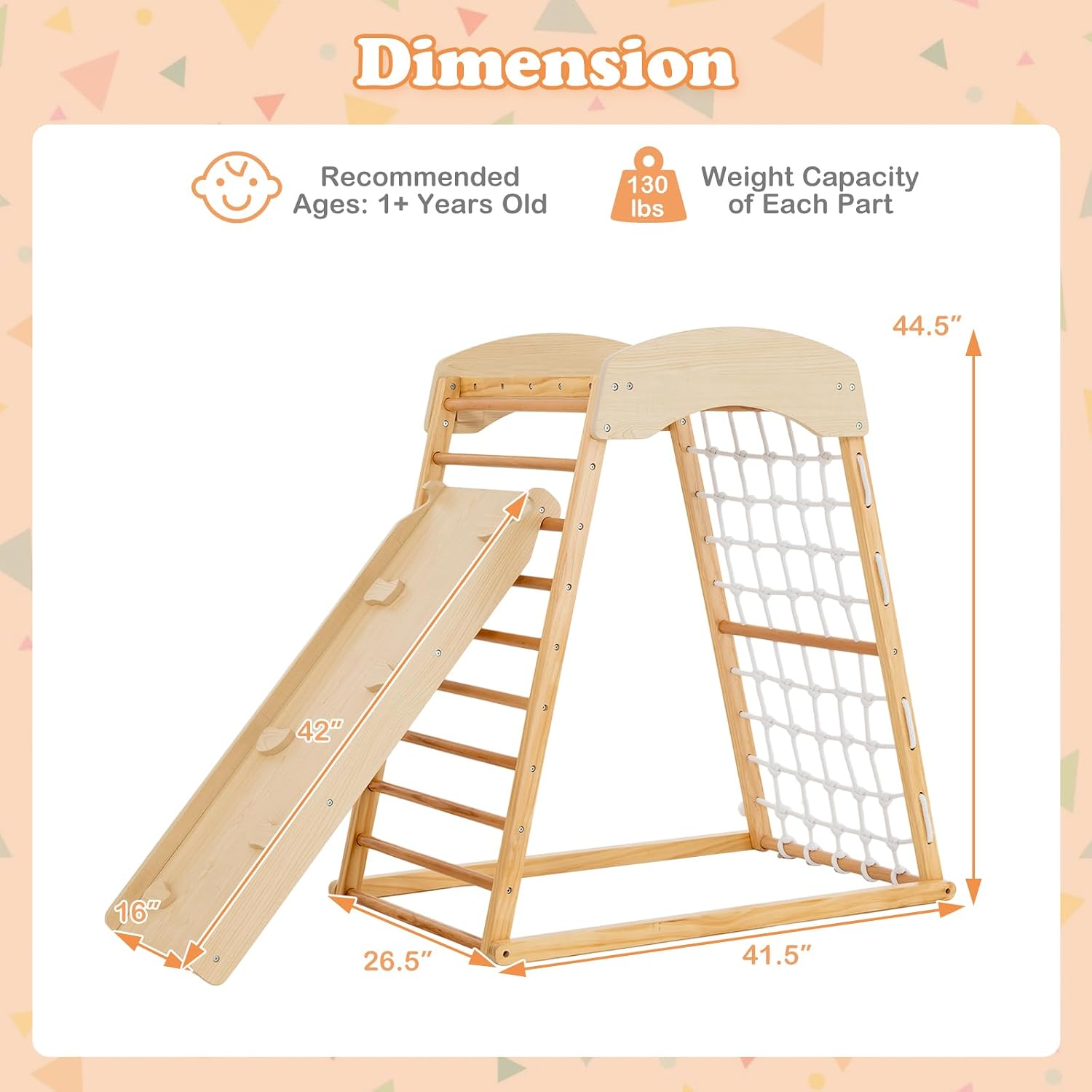 Natural wood 6-in-1 Montessori climbing gym with double-sided slide and climbing wall for toddlers — view 2
