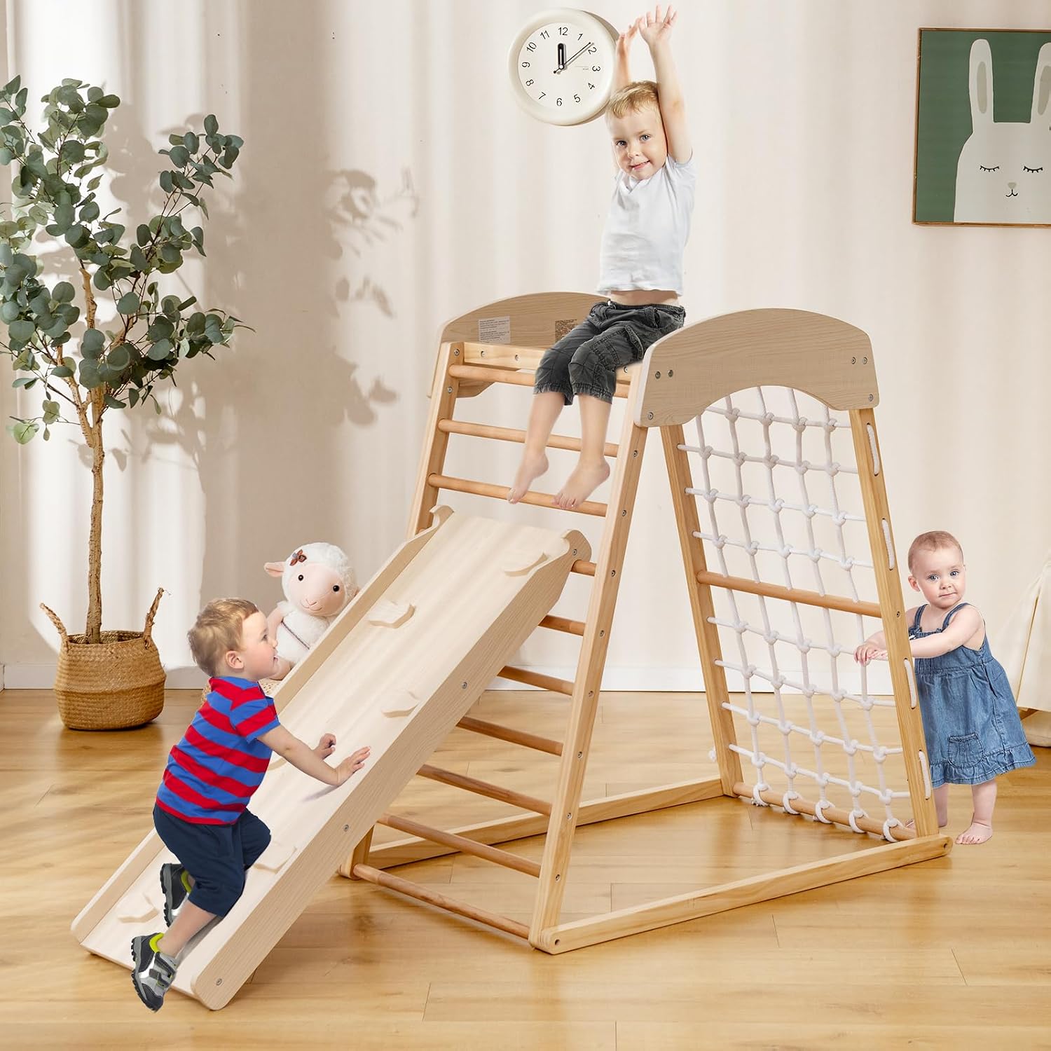 Natural wood 6-in-1 Montessori climbing gym with double-sided slide and climbing wall for toddlers — view 3