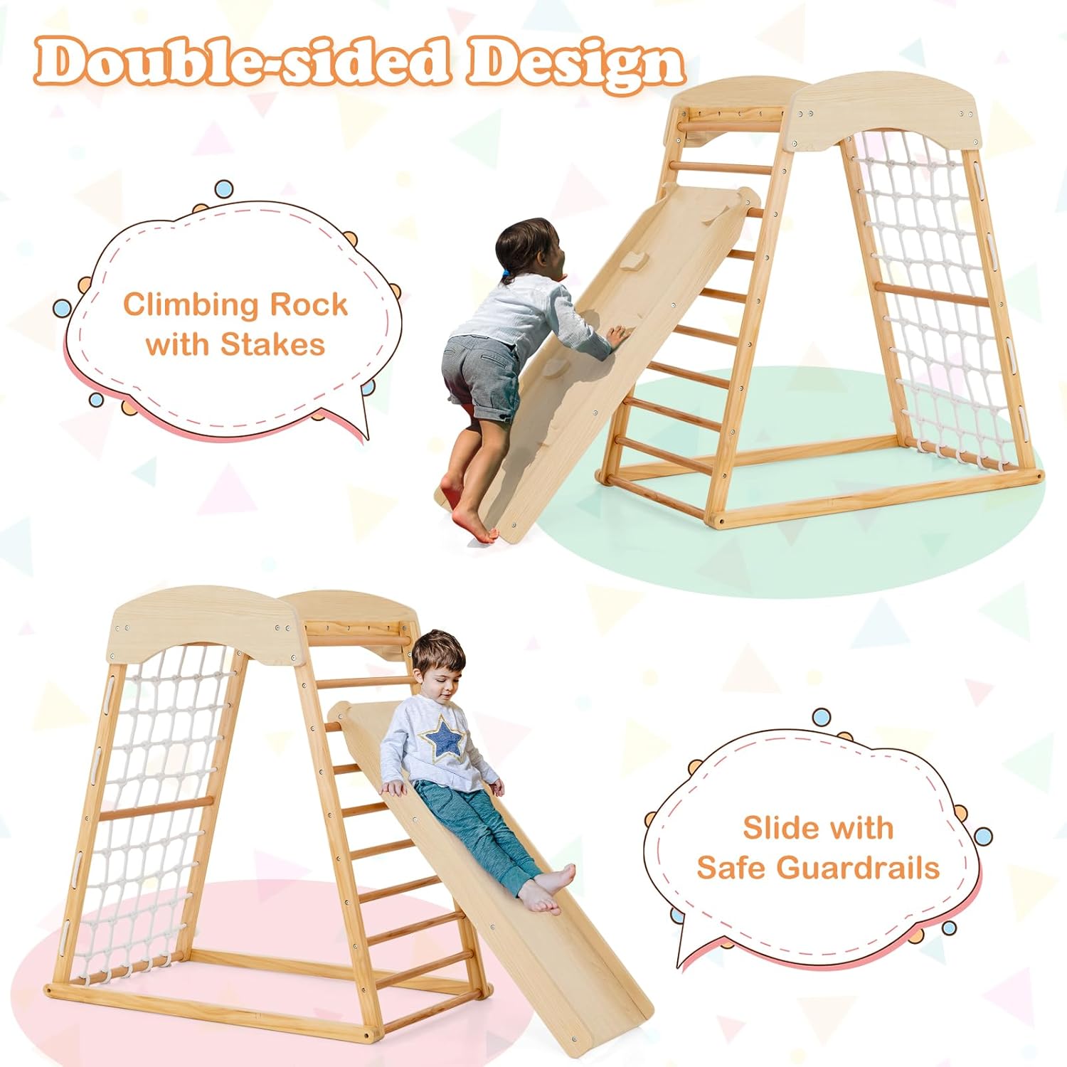 Natural wood 6-in-1 Montessori climbing gym with double-sided slide and climbing wall for toddlers — view 4