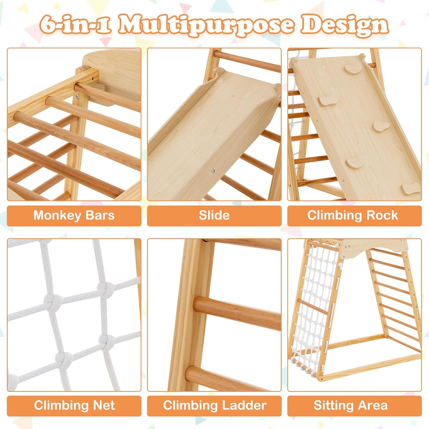 Natural wood 6-in-1 Montessori climbing gym with double-sided slide and climbing wall for toddlers — view 2