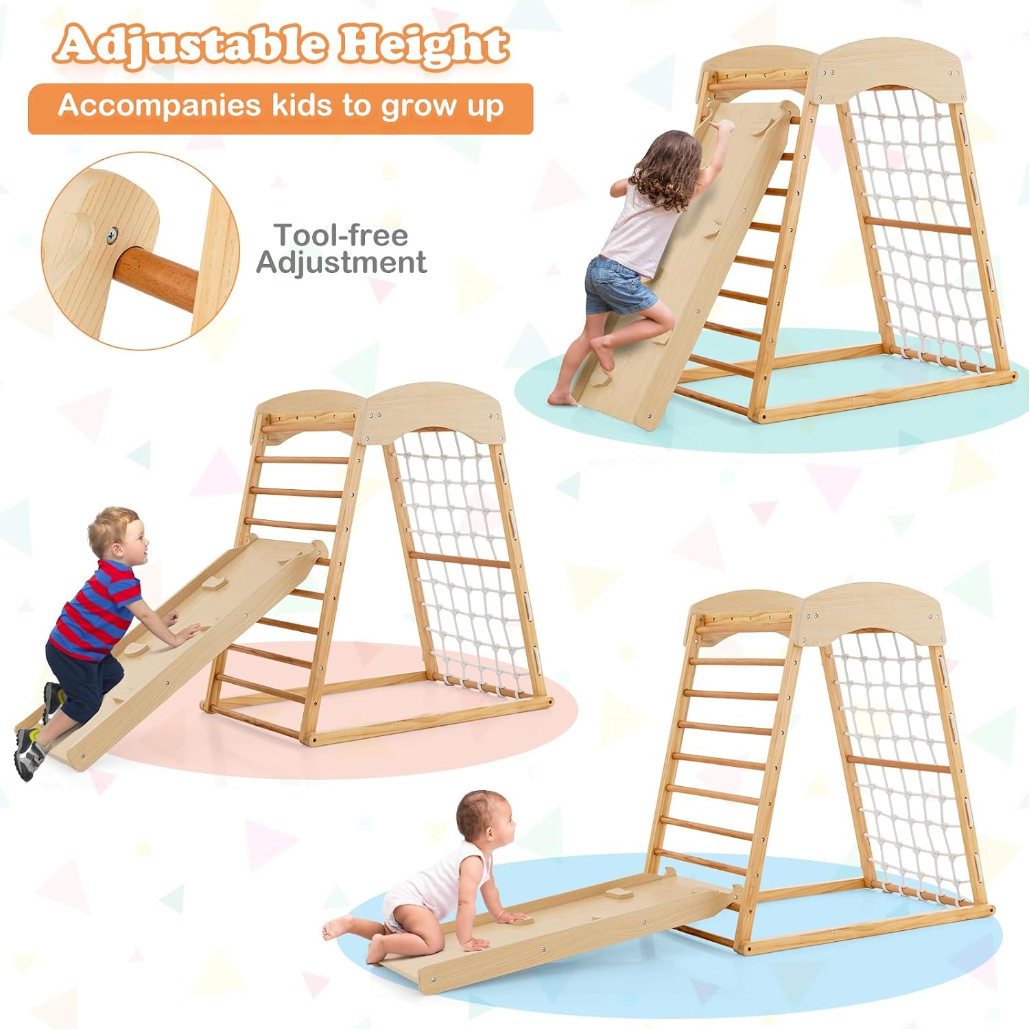 Natural wood 6-in-1 Montessori climbing gym with double-sided slide and climbing wall for toddlers — view 3