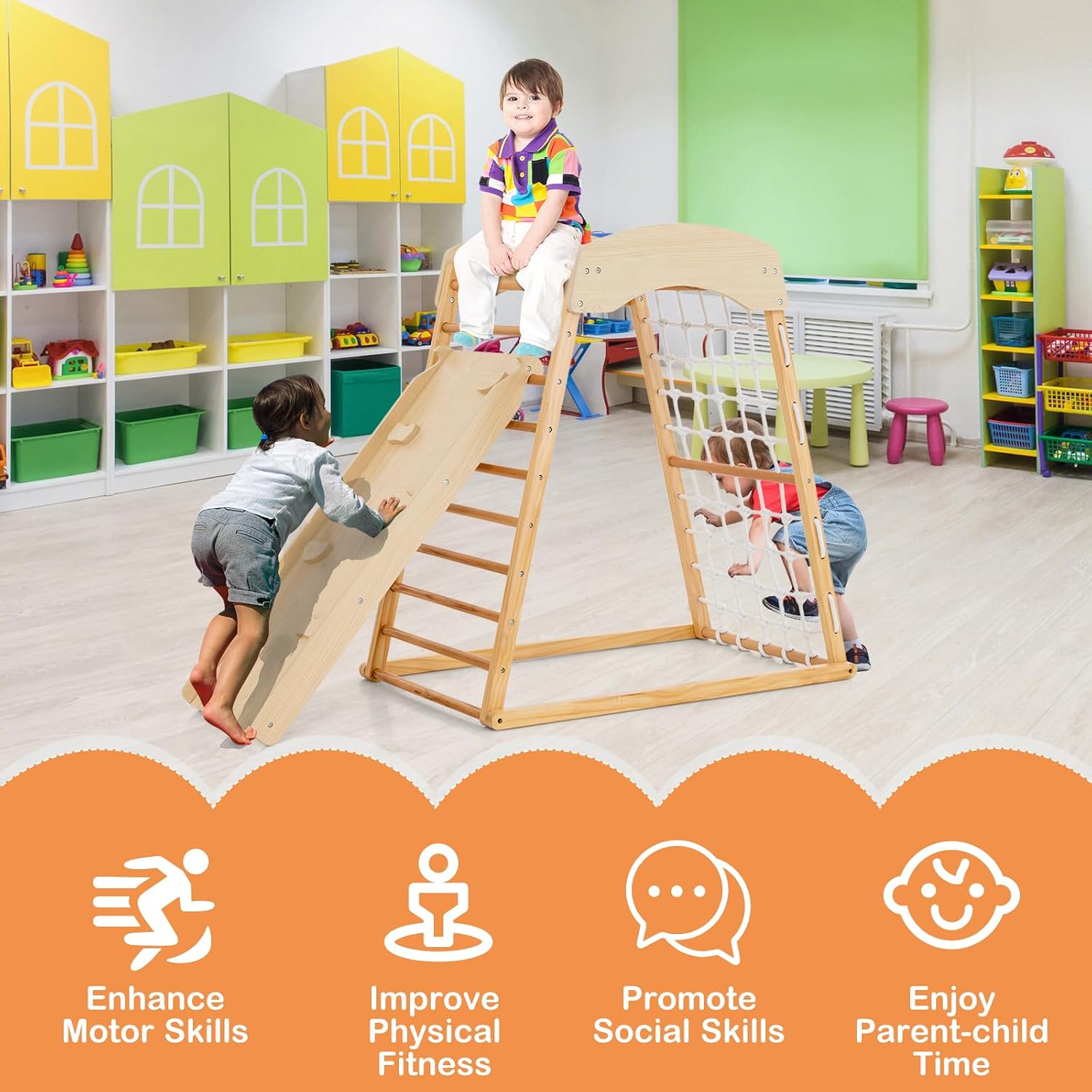 Natural wood 6-in-1 Montessori climbing gym with double-sided slide and climbing wall for toddlers — view 4
