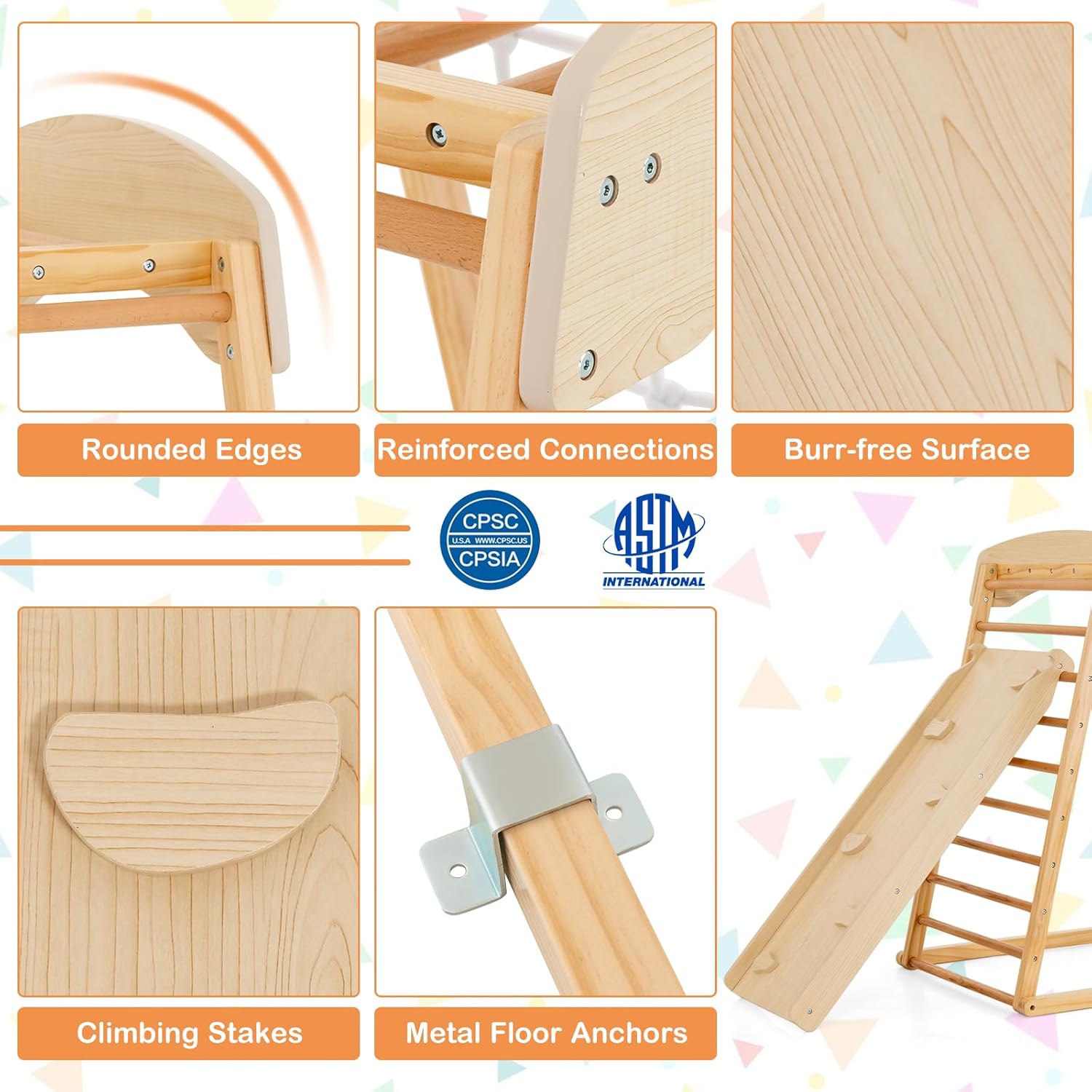 Natural wood 6-in-1 Montessori climbing gym with double-sided slide and climbing wall for toddlers — view 5