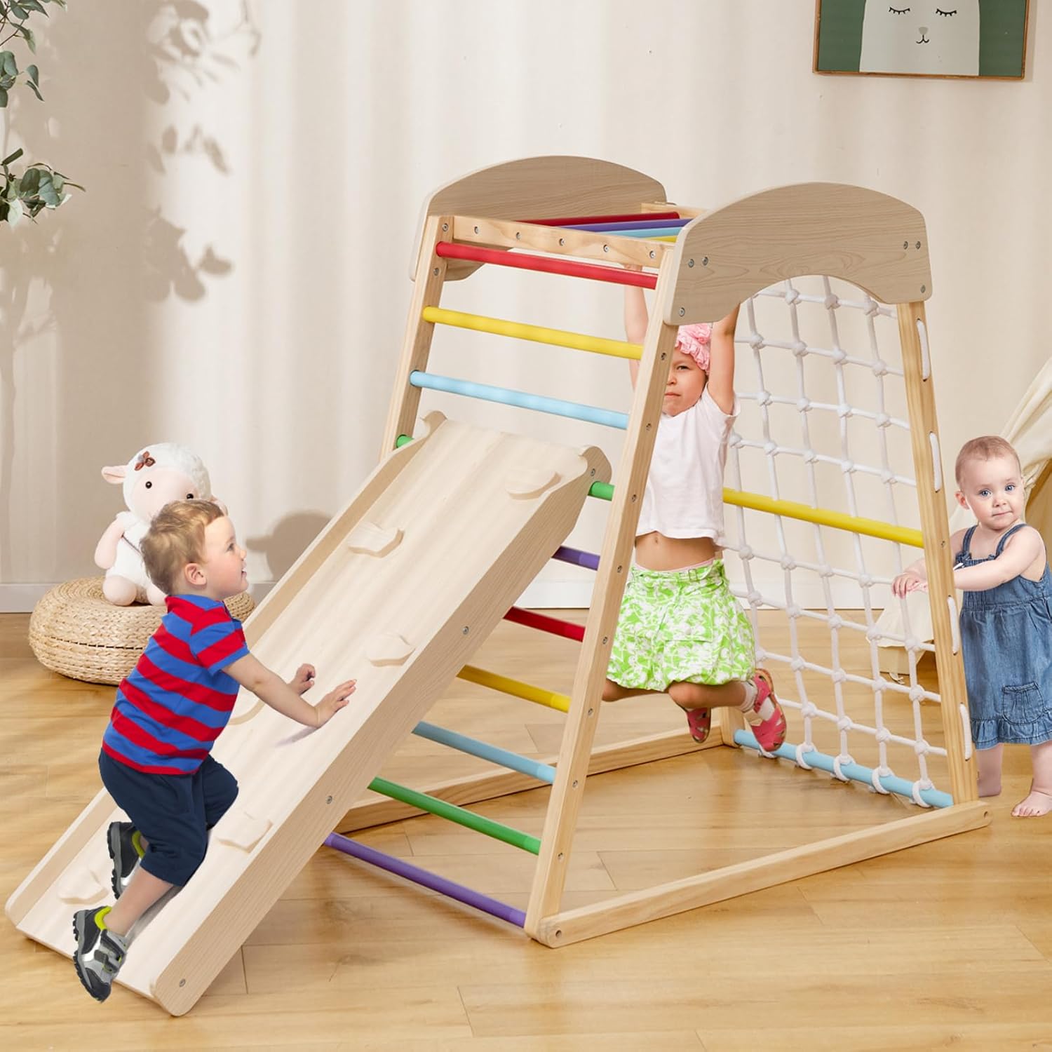 Natural wood 6-in-1 Montessori climbing gym with double-sided slide and climbing wall for toddlers — view 6