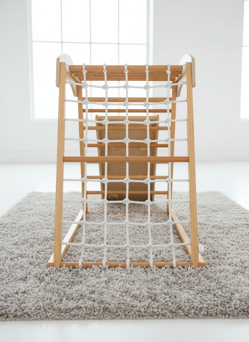 Natural wood 6-in-1 Montessori climbing gym with double-sided slide and climbing wall for toddlers — view 2
