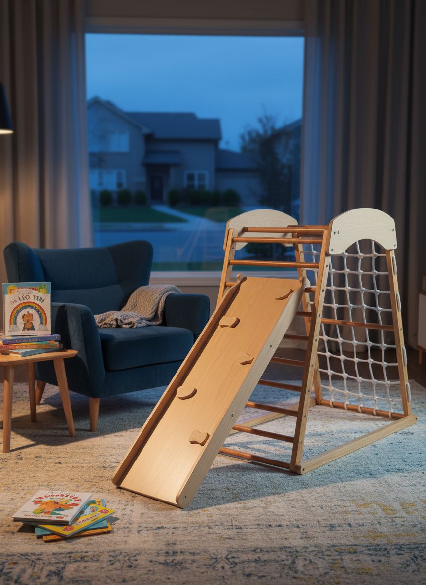 Natural wood 6-in-1 Montessori climbing gym with double-sided slide and climbing wall for toddlers — view 2