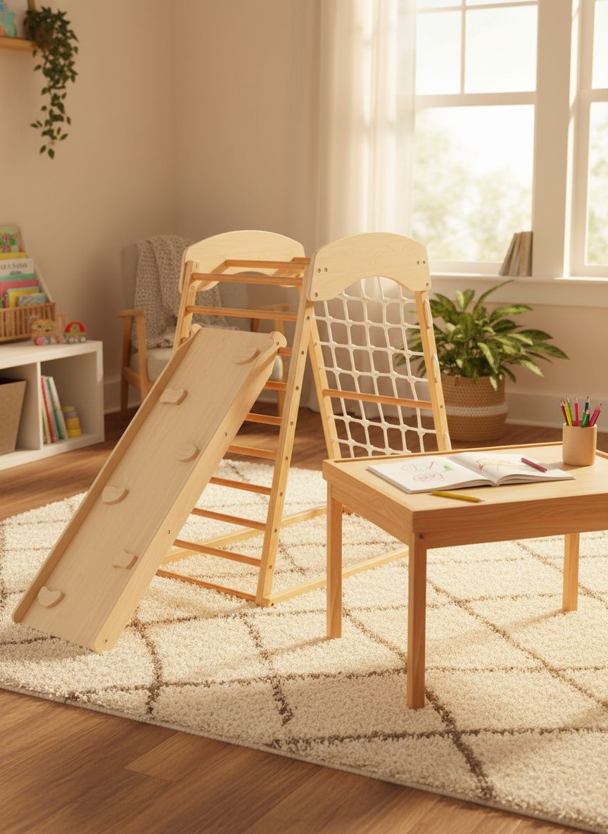 Natural wood 6-in-1 Montessori climbing gym with double-sided slide and climbing wall for toddlers — view 4