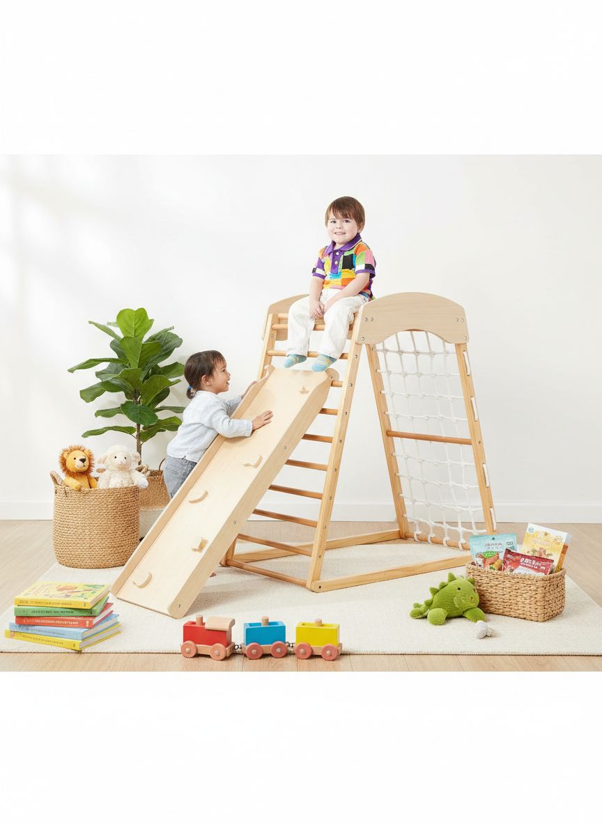 Natural wood 6-in-1 Montessori climbing gym with double-sided slide and climbing wall for toddlers — view 5a