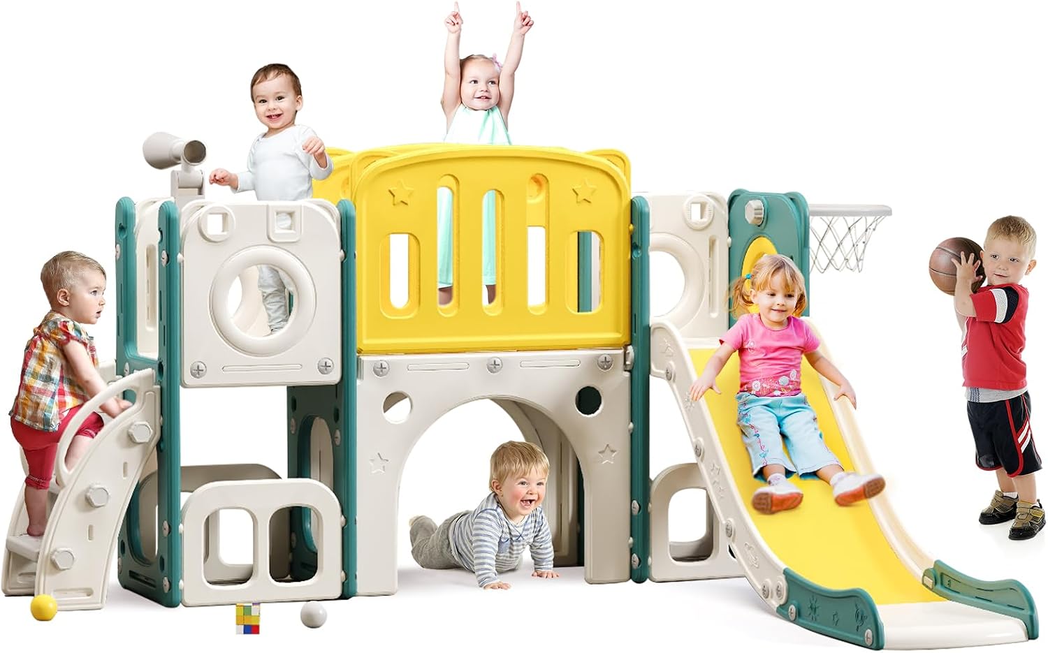 8-in-1 toddler slide and climber set with integrated basketball hoop, shown in bright primary colors for indoor and outdoor play — view 1
