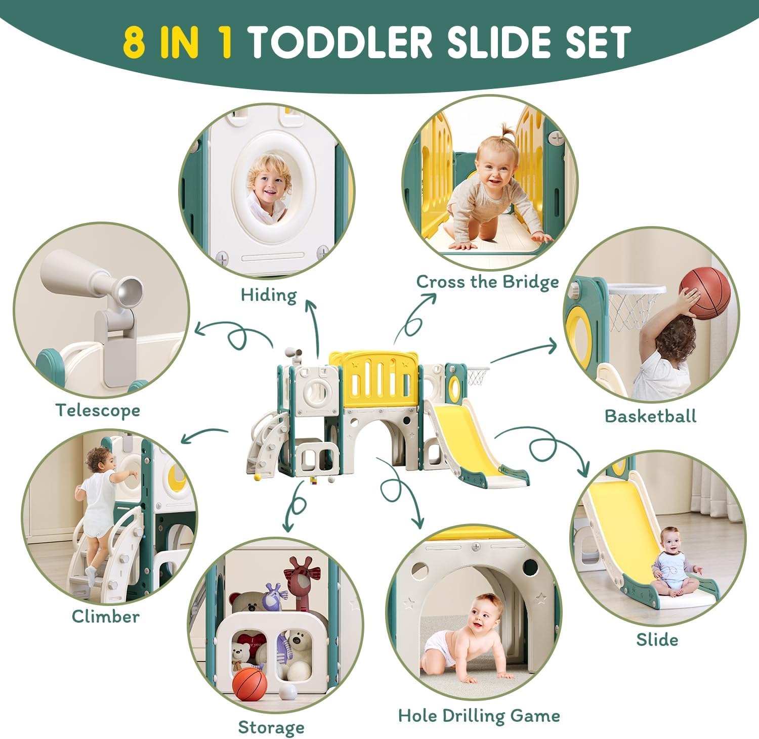 8-in-1 toddler slide and climber set with integrated basketball hoop, shown in bright primary colors for indoor and outdoor play — view 2