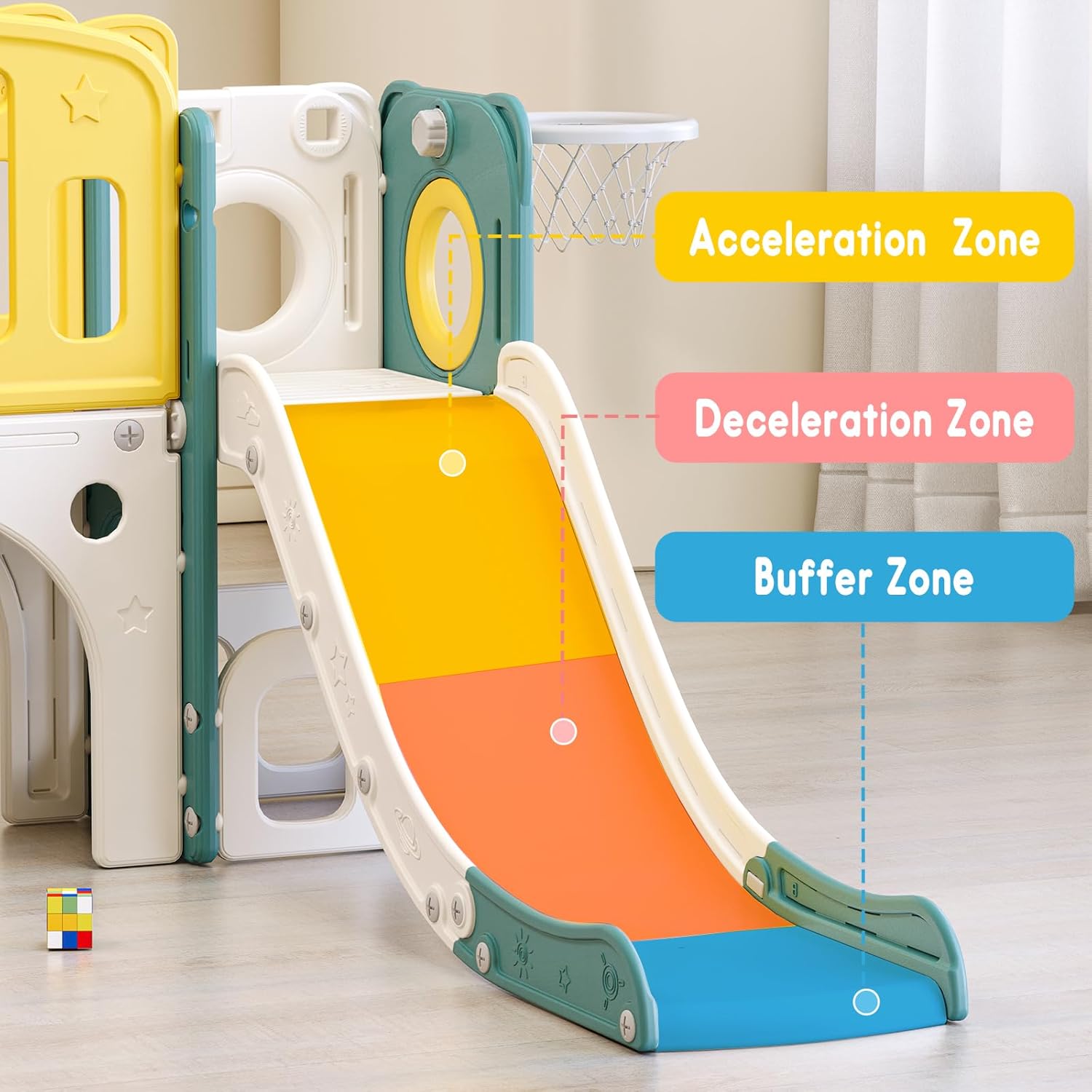 8-in-1 toddler slide and climber set with integrated basketball hoop, shown in bright primary colors for indoor and outdoor play — view 2