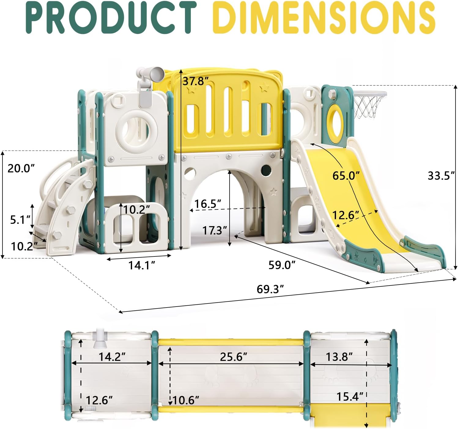 8-in-1 toddler slide and climber set with integrated basketball hoop, shown in bright primary colors for indoor and outdoor play — view 3