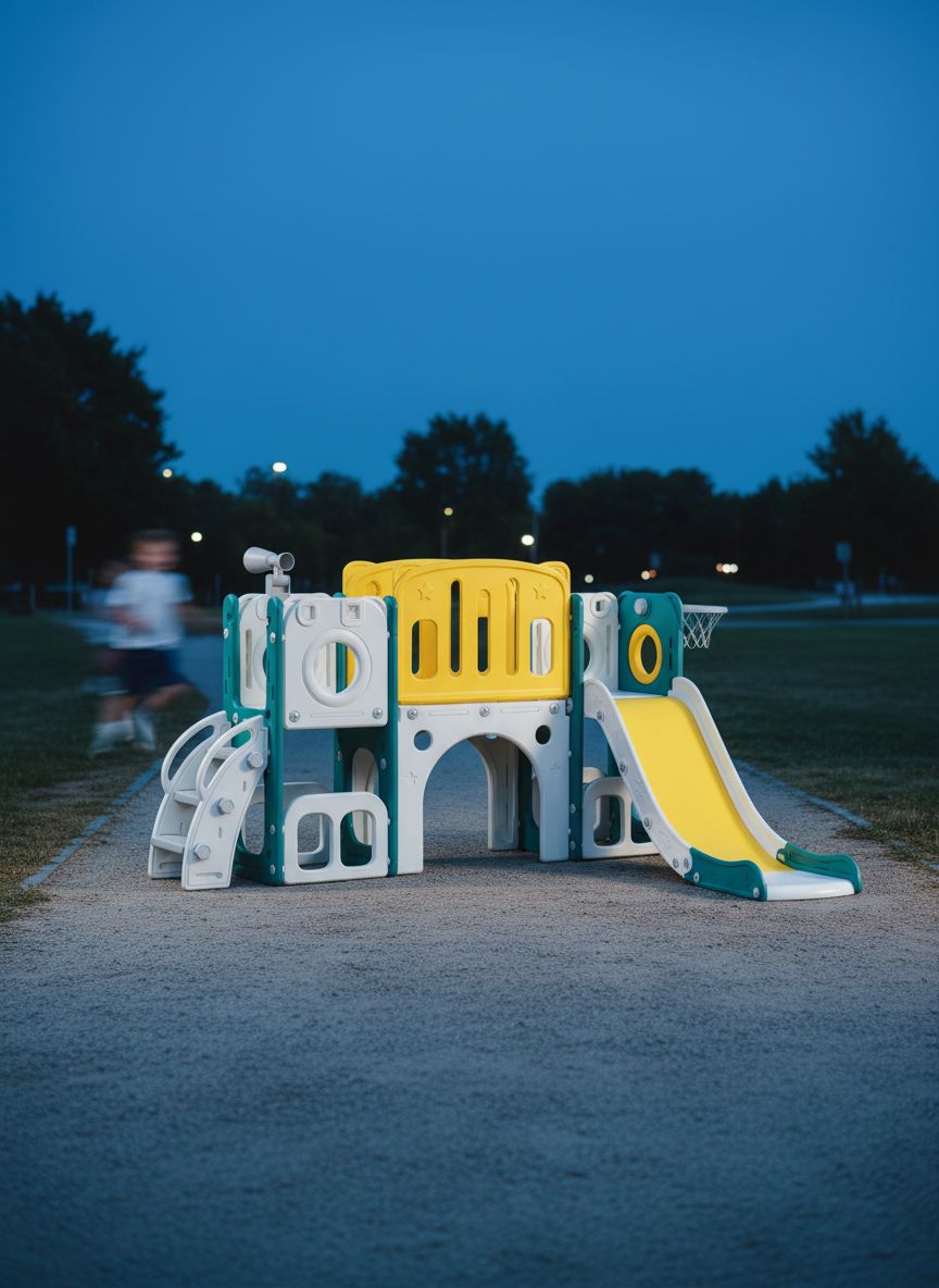 8-in-1 toddler slide and climber set with integrated basketball hoop, shown in bright primary colors for indoor and outdoor play — view 2