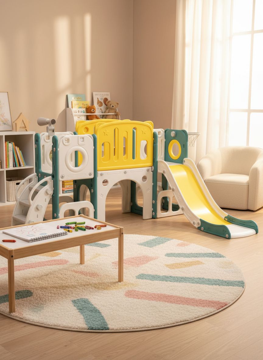 8-in-1 toddler slide and climber set with integrated basketball hoop, shown in bright primary colors for indoor and outdoor play — view 3a