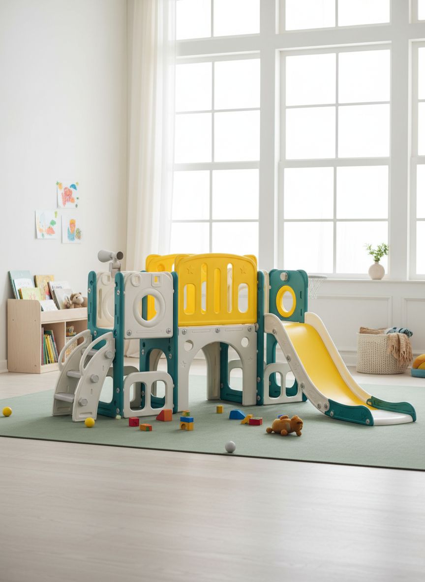 8-in-1 toddler slide and climber set with integrated basketball hoop, shown in bright primary colors for indoor and outdoor play — view 5a