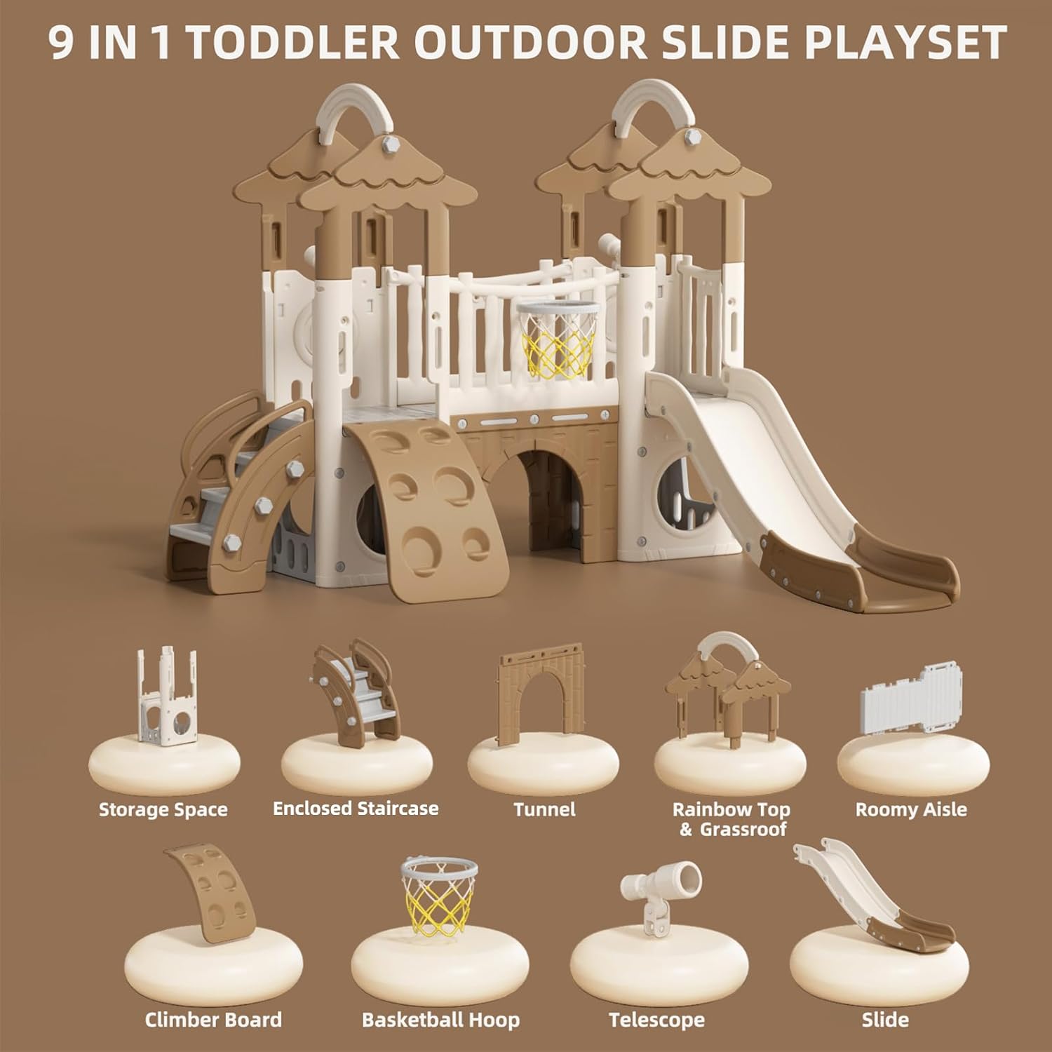 Brown 9-in-1 toddler slide playset with double climbers, basketball hoop, and tunnel for indoor outdoor play — side
