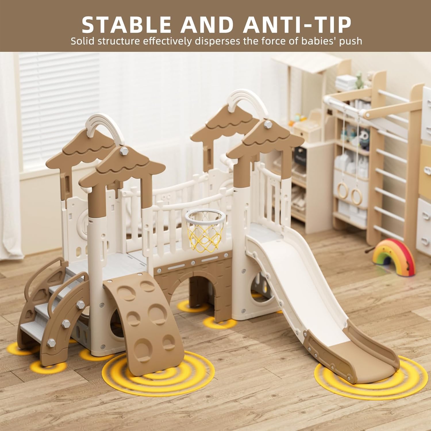 Brown 9-in-1 toddler slide playset with double climbers, basketball hoop, and tunnel for indoor outdoor play — view 7a
