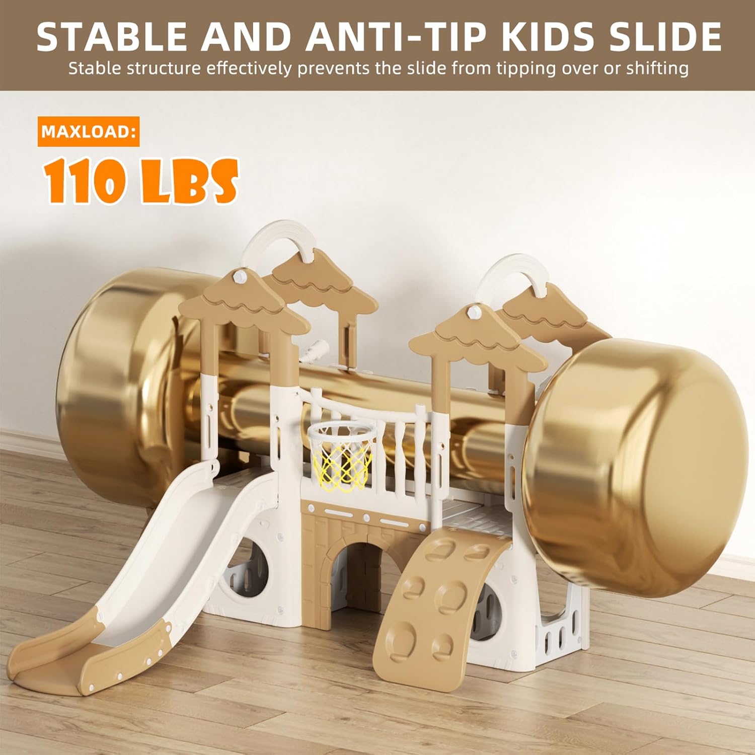 Brown 9-in-1 toddler slide playset with double climbers, basketball hoop, and tunnel for indoor outdoor play — view 3a