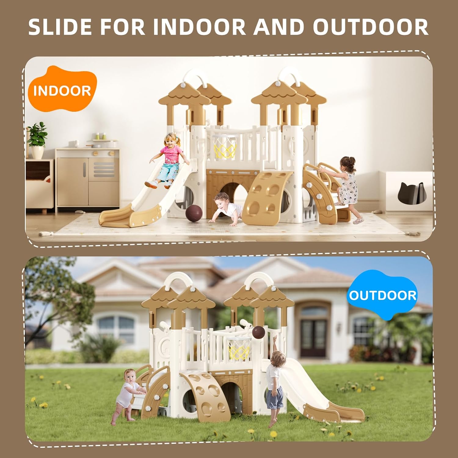 Brown 9-in-1 toddler slide playset with double climbers, basketball hoop, and tunnel for indoor outdoor play — view 4