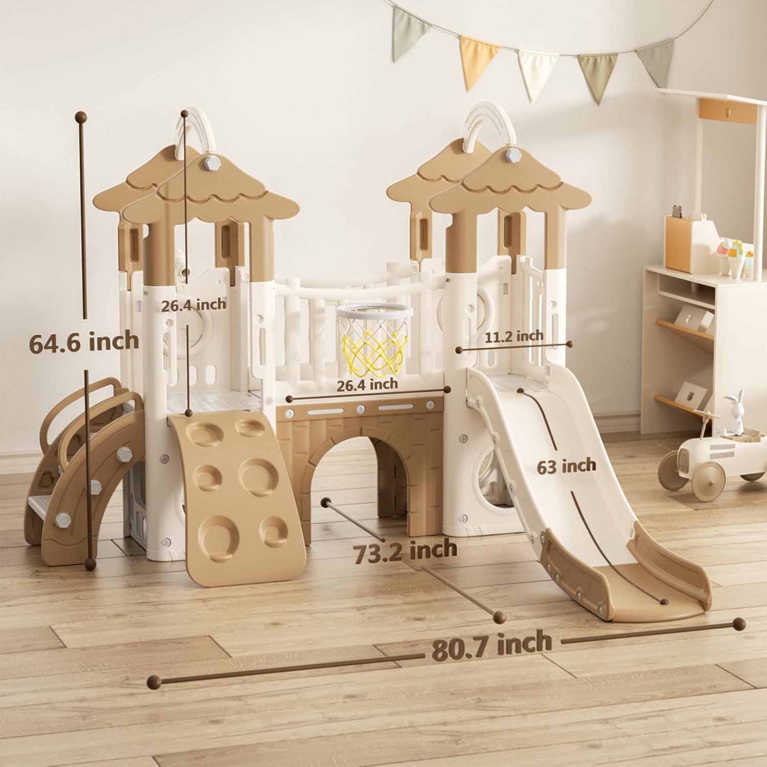 Brown 9-in-1 toddler slide playset with double climbers, basketball hoop, and tunnel for indoor outdoor play — view 5a