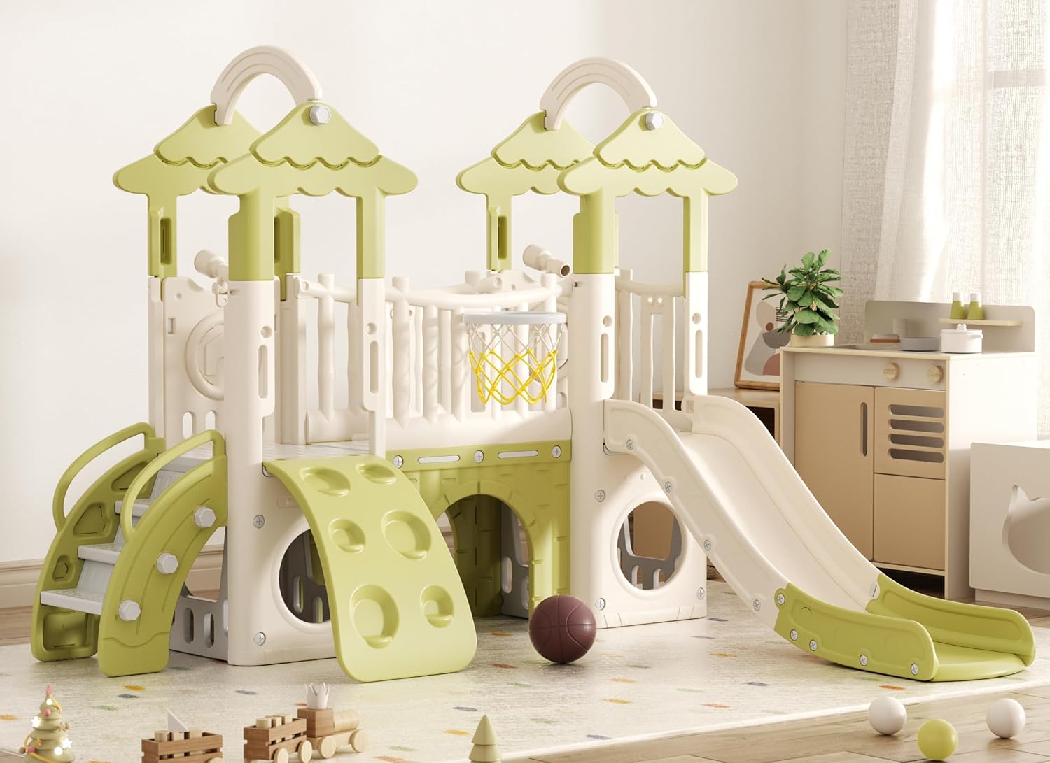 Brown 9-in-1 toddler slide playset with double climbers, basketball hoop, and tunnel for indoor outdoor play — view 6