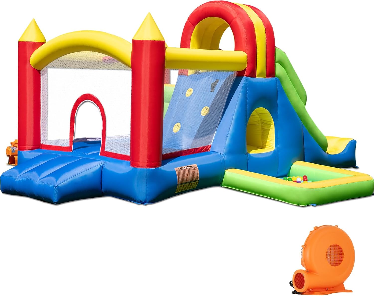 Large inflatable bounce house with tall blue slide, climbing wall, water pool, and colorful ball pit for backyard play — view 1