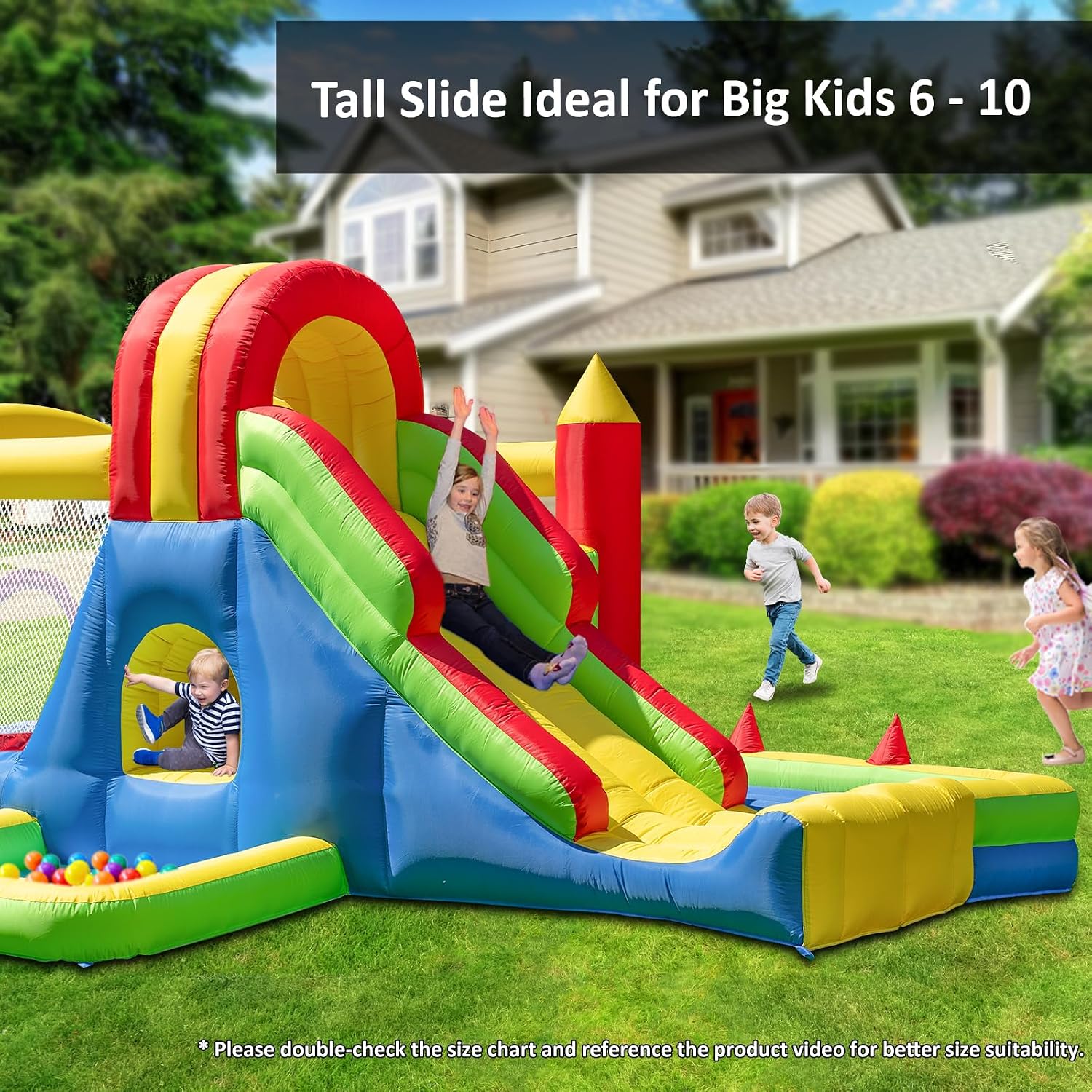 Large inflatable bounce house with tall blue slide, climbing wall, water pool, and colorful ball pit for backyard play — view 2