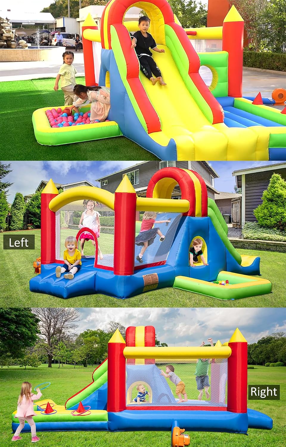 Large inflatable bounce house with tall blue slide, climbing wall, water pool, and colorful ball pit for backyard play — view 7a