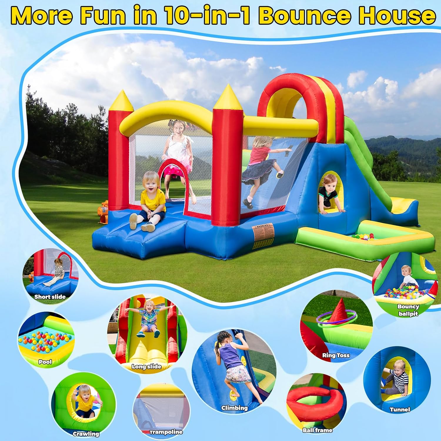 Large inflatable bounce house with tall blue slide, climbing wall, water pool, and colorful ball pit for backyard play — view 2