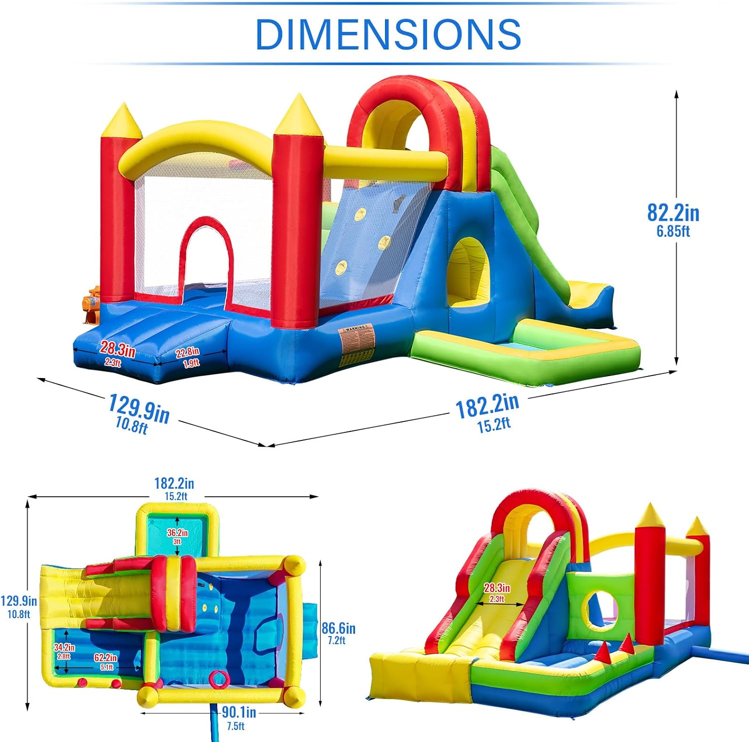 Large inflatable bounce house with tall blue slide, climbing wall, water pool, and colorful ball pit for backyard play — view 3a